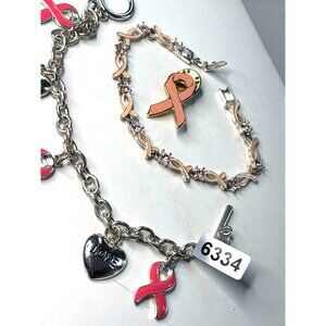 Breast Cancer Awareness Pink Ribbon Jewelry Set W/ Bracelet & Pin Silver & Pink